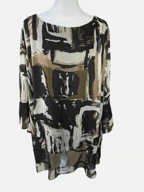 IC by Connie Abstract semi sheer Print Tunic Top in Black and Olive, Sz 1x